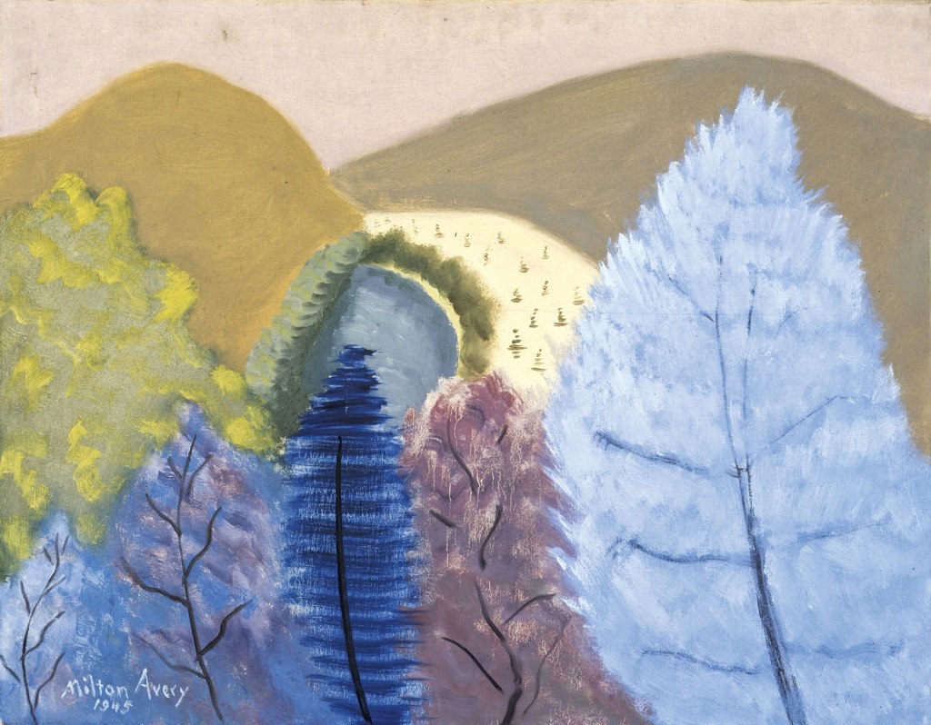 Milton Avery (1885–1965), Blue Trees, 1945. Oil on canvas, 28 × 36 inches. Neuberger Museum of Art, Gift of Roy R. Neuberger, Purchase College, State University of New York. © 2016 The Milton Avery Trust / Artists Rights Society (ARS), New York.